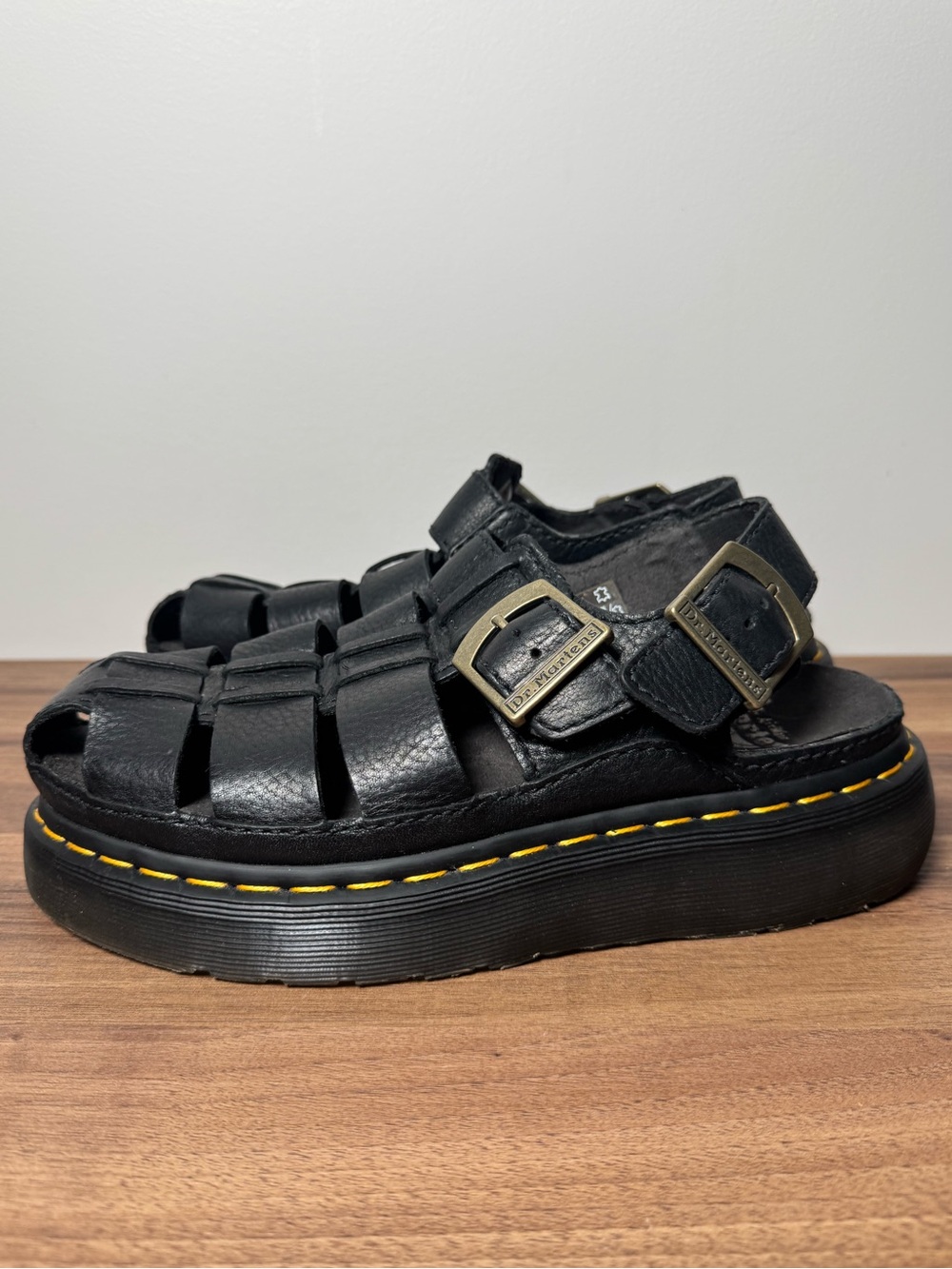 Dr. Martens Black Leather Platform Fisherman Sandals with Yellow Stitching 9US